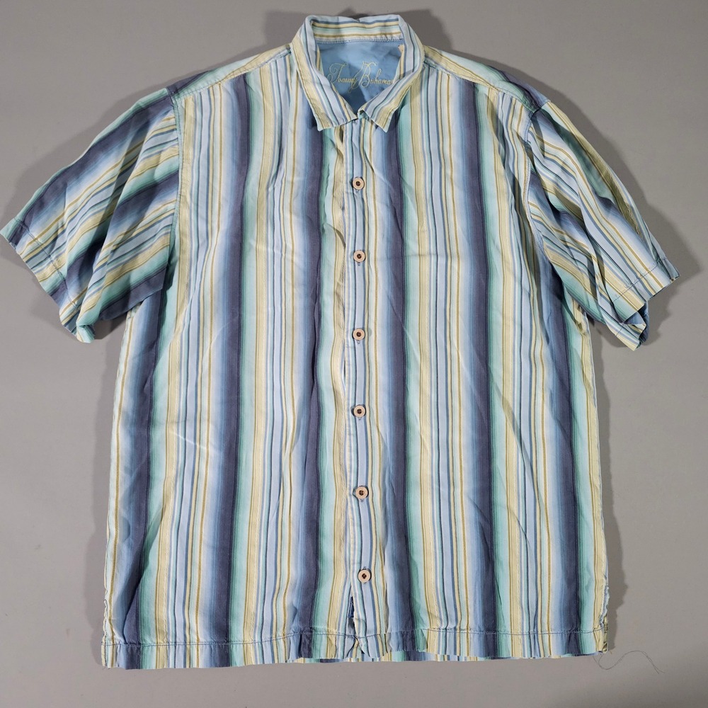 Tommy Bahama Button Down Shirt Mens Medium Blue Green Silk Blend Striped